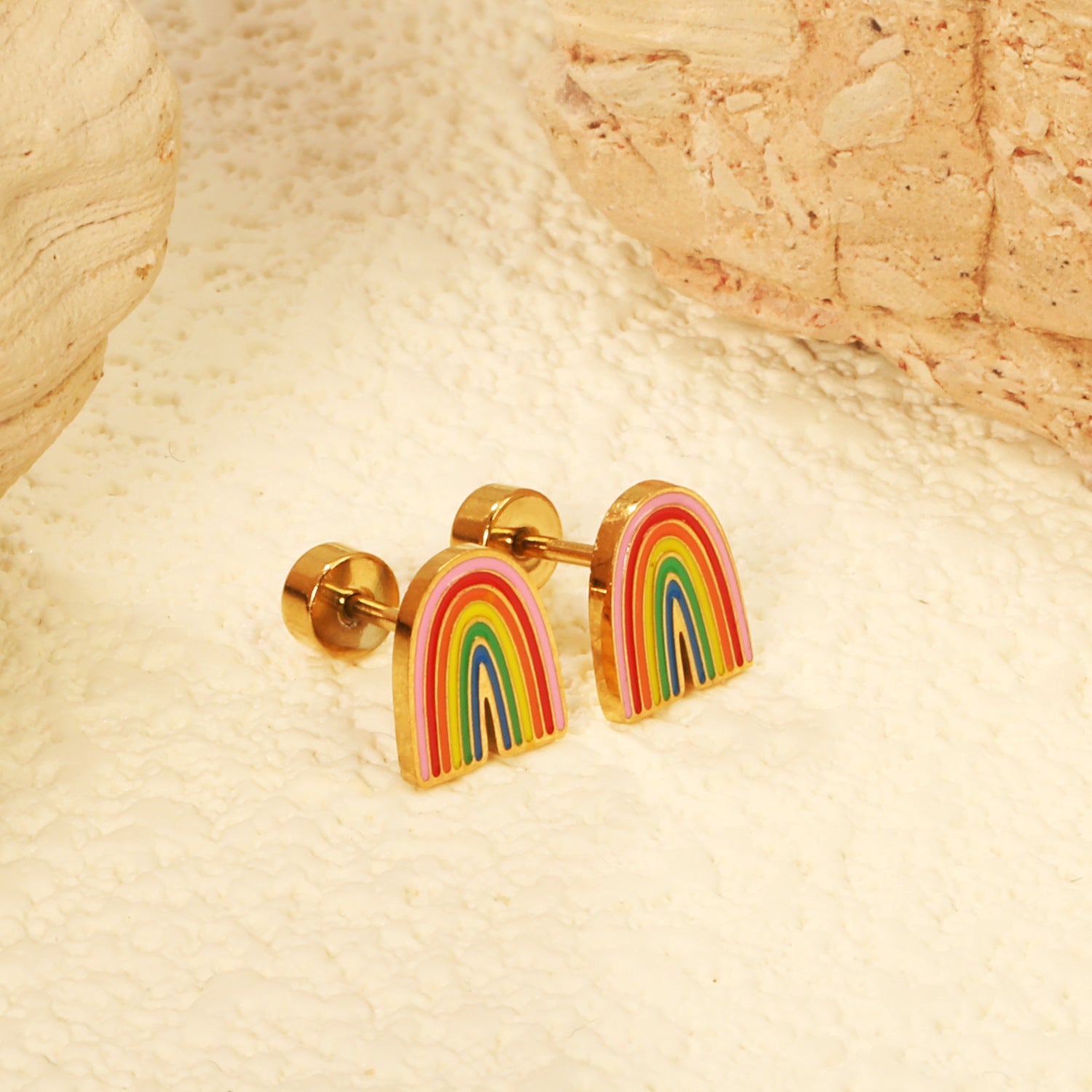Wholesale Cute Bow Rainbow Screw Stud Earrings Stainless Steel Fashion Jewelry Gift for Women