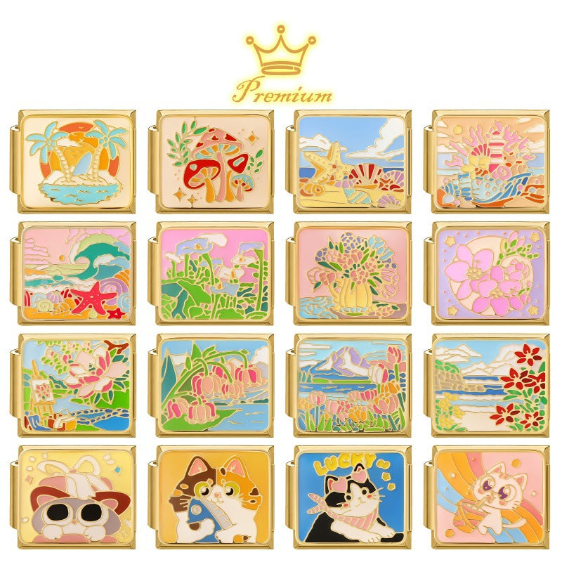 Wholesale Cute Cat Landscape DIY Modular Charm Bracelet Stainless Steel Gold Base Jewelry Accessory