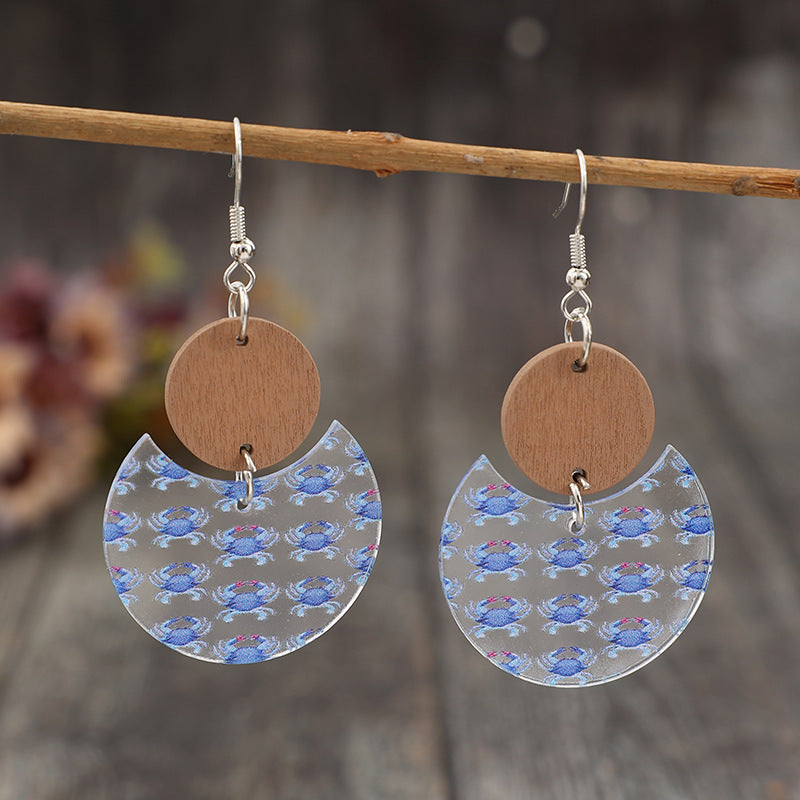 Wholesale small disc stitching crescent print crab acrylic earrings