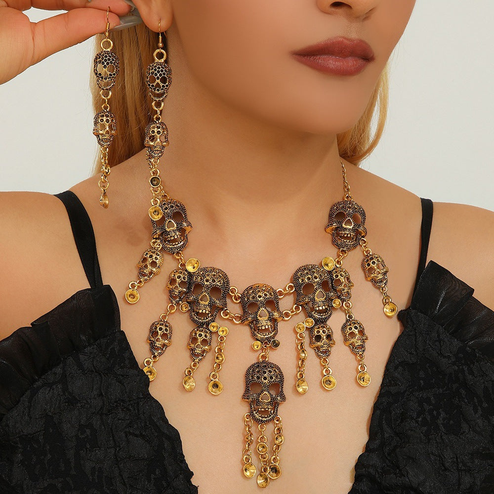 Wholesale Gold Tone Alloy Skull Jewelry Set - Punk Retro Necklace and Earrings for