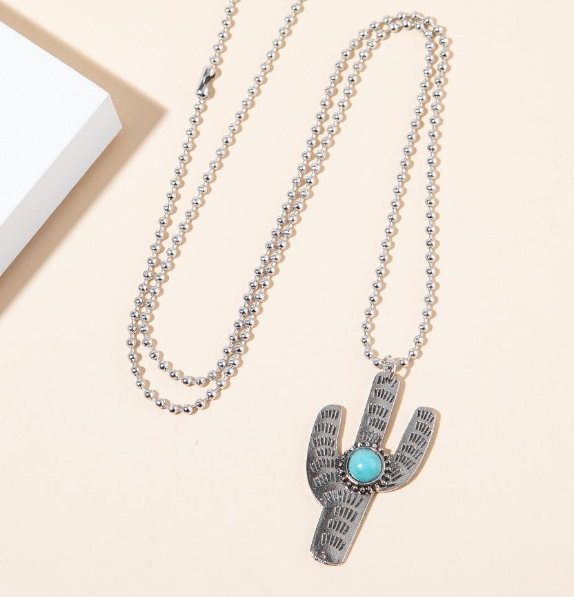 Wholesale Retro Cactus Turquoise Pendant Necklace,  Alloy Electroplated Chic Jewelry Accessory for Women