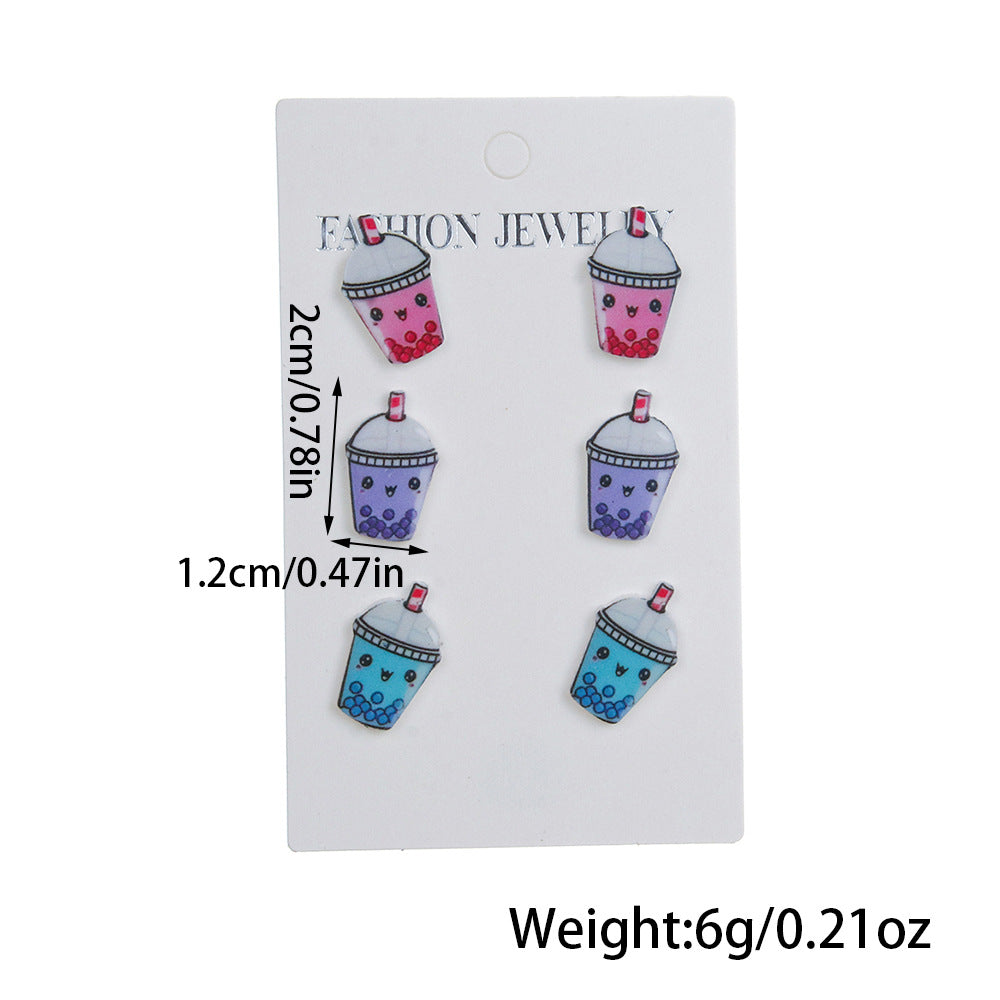 Wholesale  Acrylic Cartoon Pearl Milk Tea Drink Cup Three-Piece Set Earrings