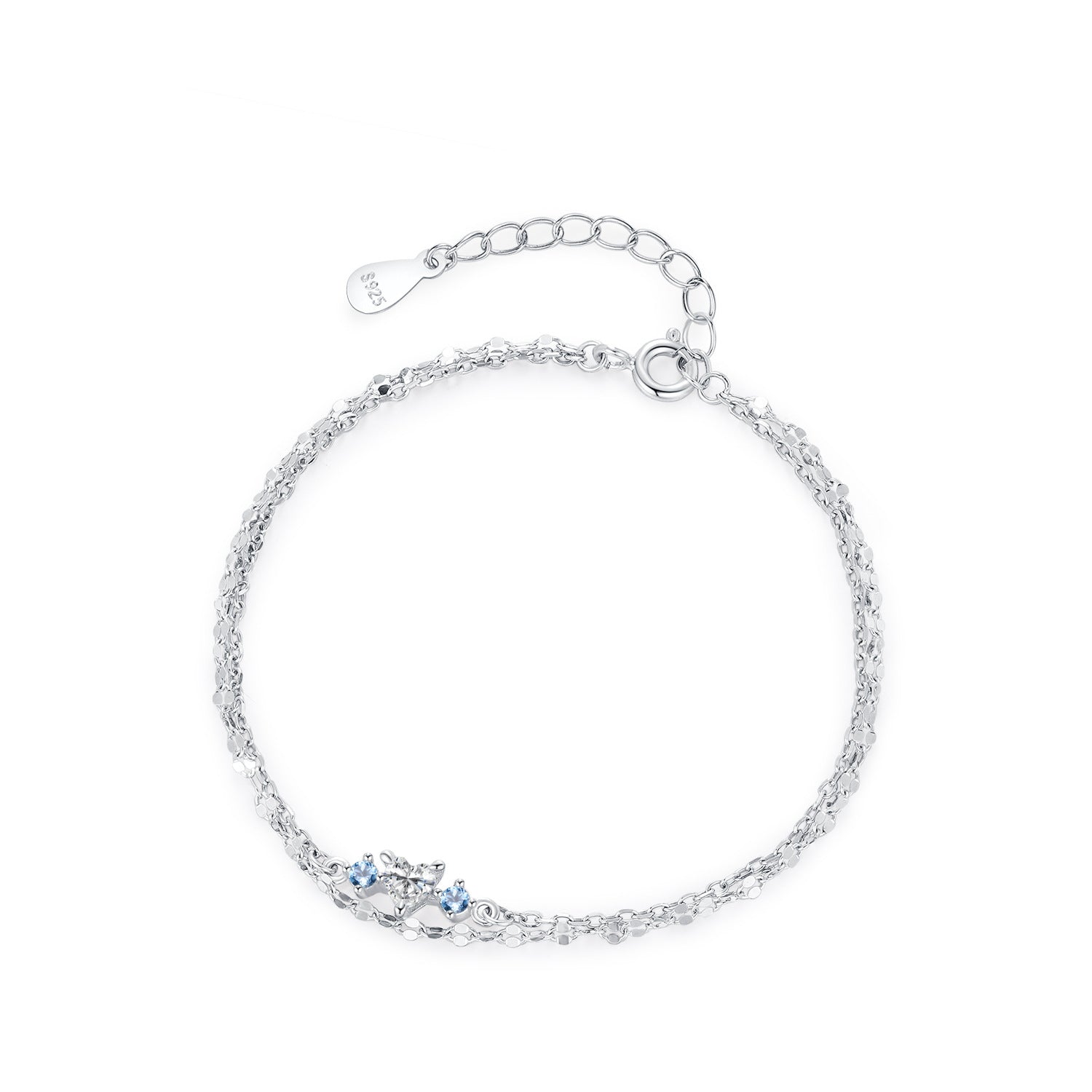 Wholesale S925 Sterling Silver Heart-shaped Double-layer Bracelet  Light Blue Zircon Jewelry