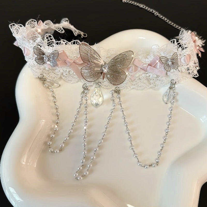 Wholesale  Lace Butterfly Pearl Tassel Bow Necklace