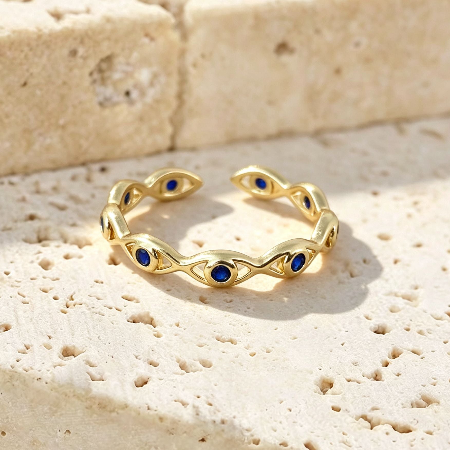 Wholesale Evil Eye Adjustable Open Ring Blue Gold Copper Zircon Stylish Party Jewelry Accessory