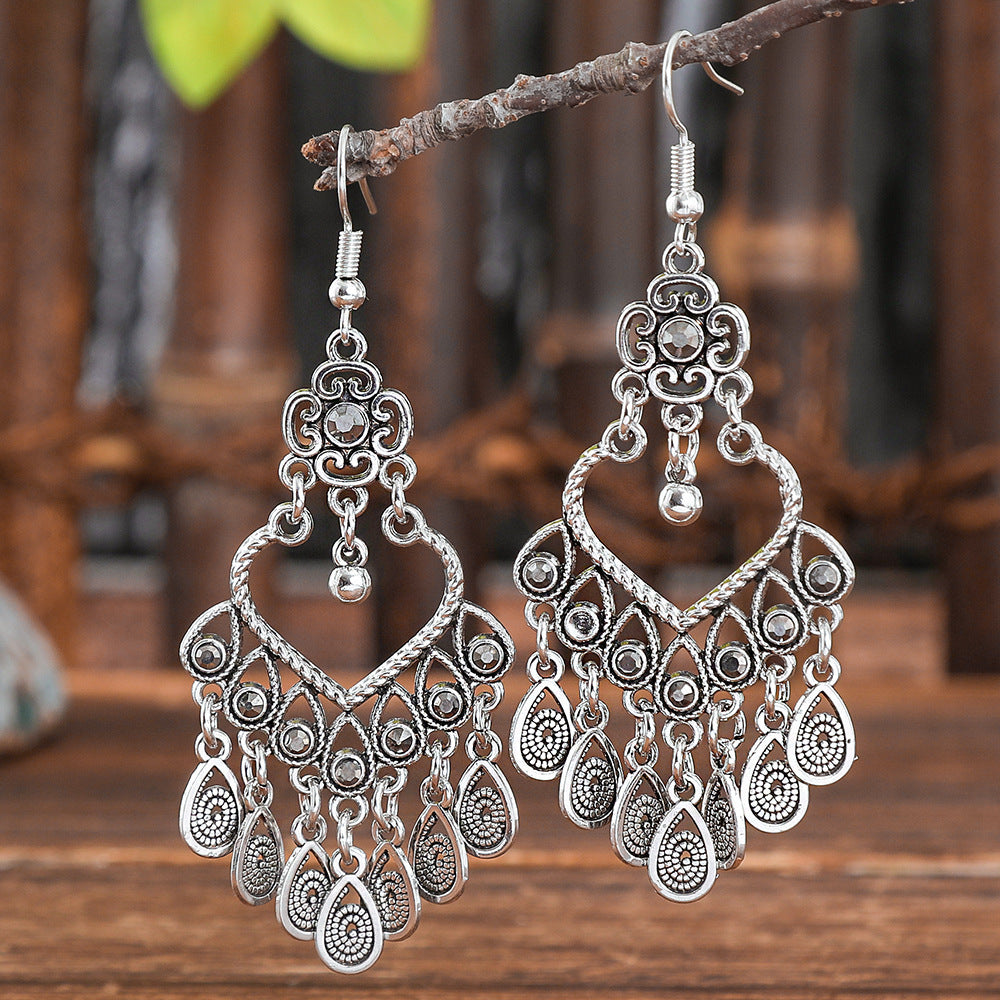 Wholesale Bohemian Retro Circular Antique Silver Tassel Earrings Tibetan Style Ethnic Zinc Alloy Jewelry Accessory Gift