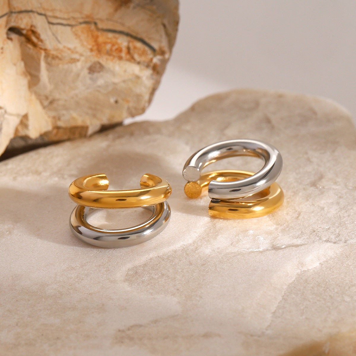 Wholesale 18K gold stainless steel gold and silver color matching double C- shaped ear clip earrings