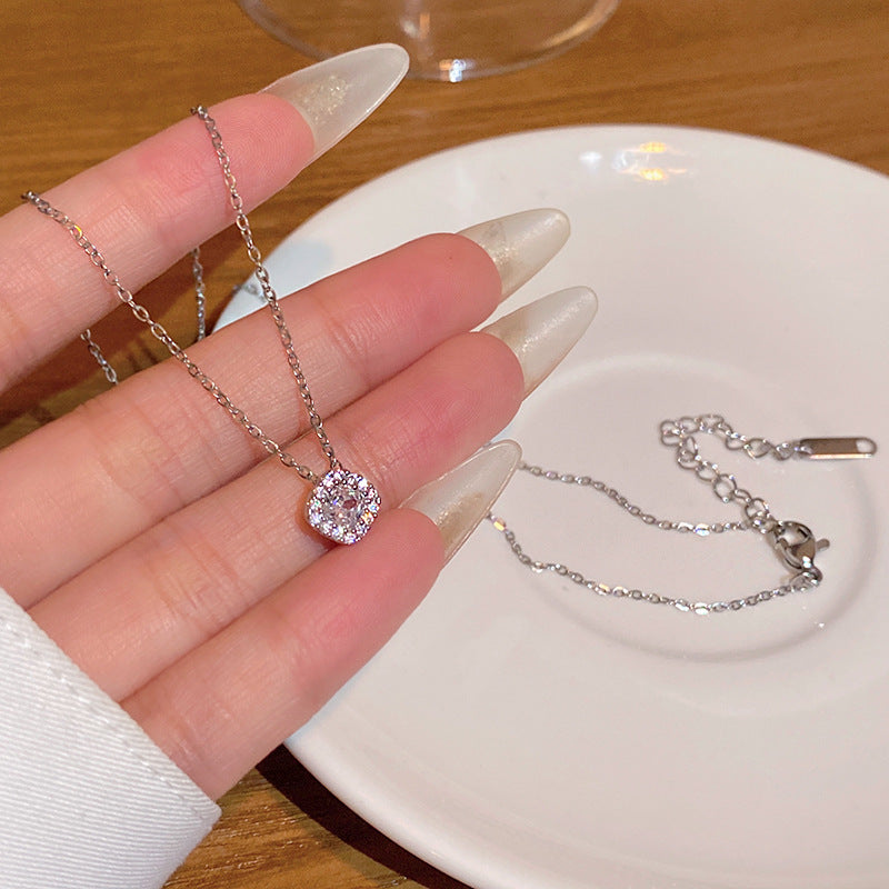 Wholesale Super sparkly zircon titanium steel necklace for women,  versatile and elegant silver.