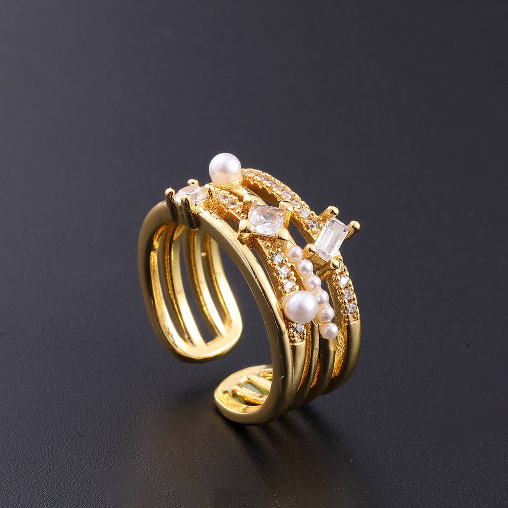 Wholesale European Fashion Sparkling Gold Plated Copper Zircon Open Ring Geometric Chic Jewelry Accessory Gift