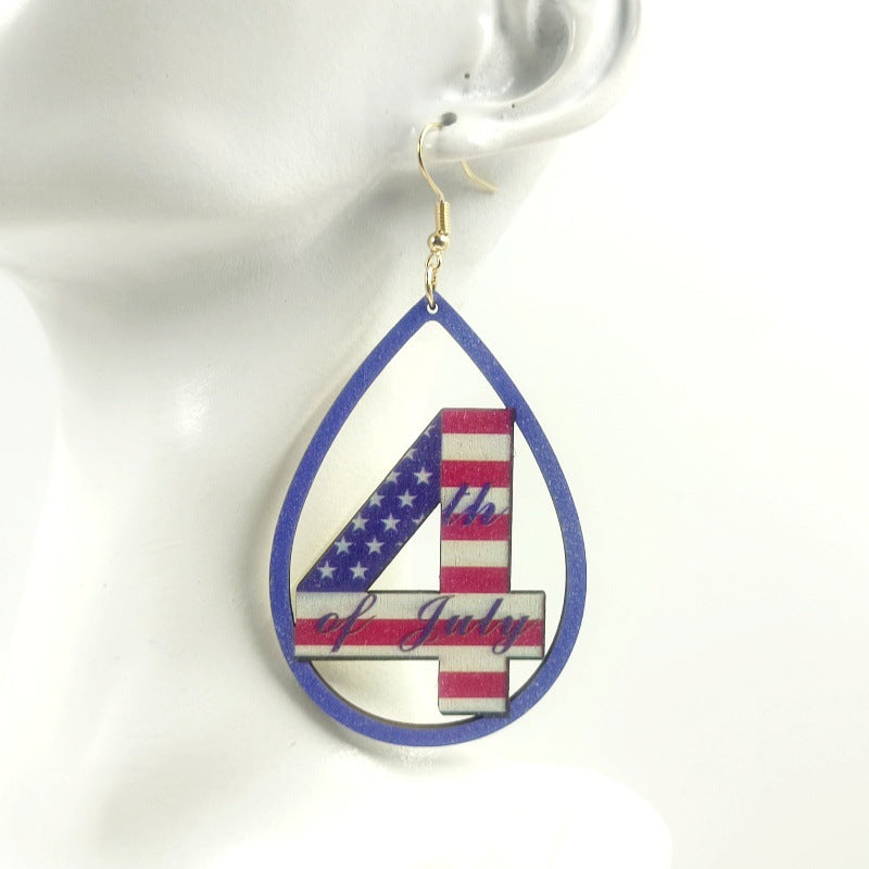 Wholesale American Independence Day Teardrop Print Wood Earrings ACC-ES-Yinx002
