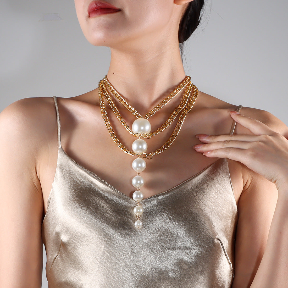 Wholesale Modern Imitation Pearl Snake Chain Necklace,  Gold Plated Geometric Pendant,  Fashion Accessory for Resale