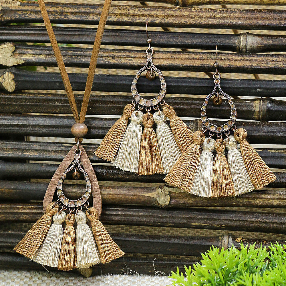 Wholesale Alloy Bohemian Handmade Braided Tassel Earrings Retro Ethnic Style Fashion Accessory