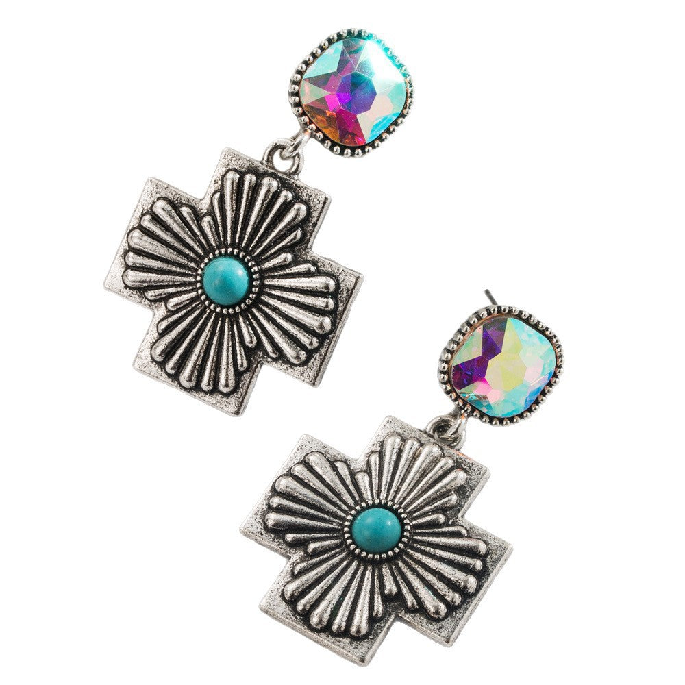 Wholesale Western-style diamond-encrusted turquoise teardrop cross earrings
