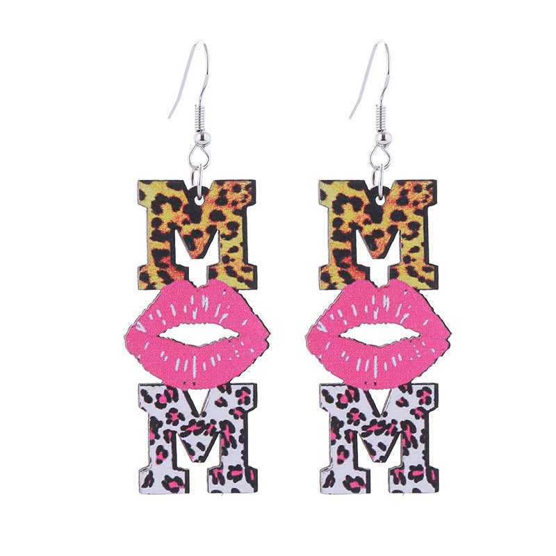 Wholesale Mother' s Day Wooden MOM Leopard Print Lip Print Creative Cartoon Earrings