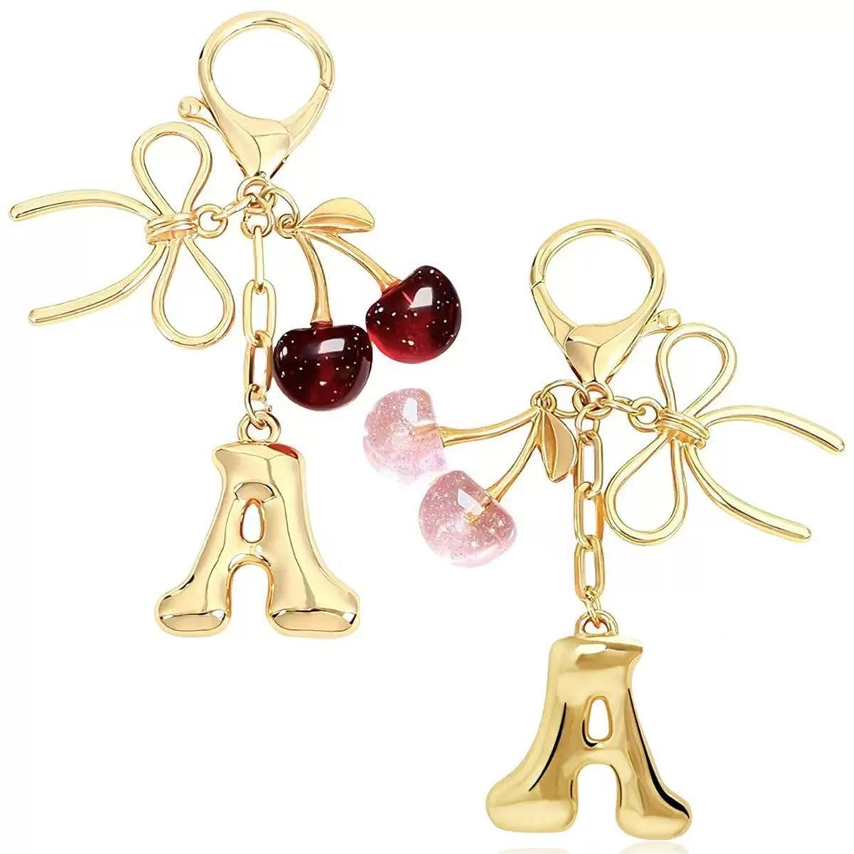 Wholesale Metal Cherry Letter Keychain Cute Pink Glitter Pendant For Bag Car Keys Everyday Chic Gift