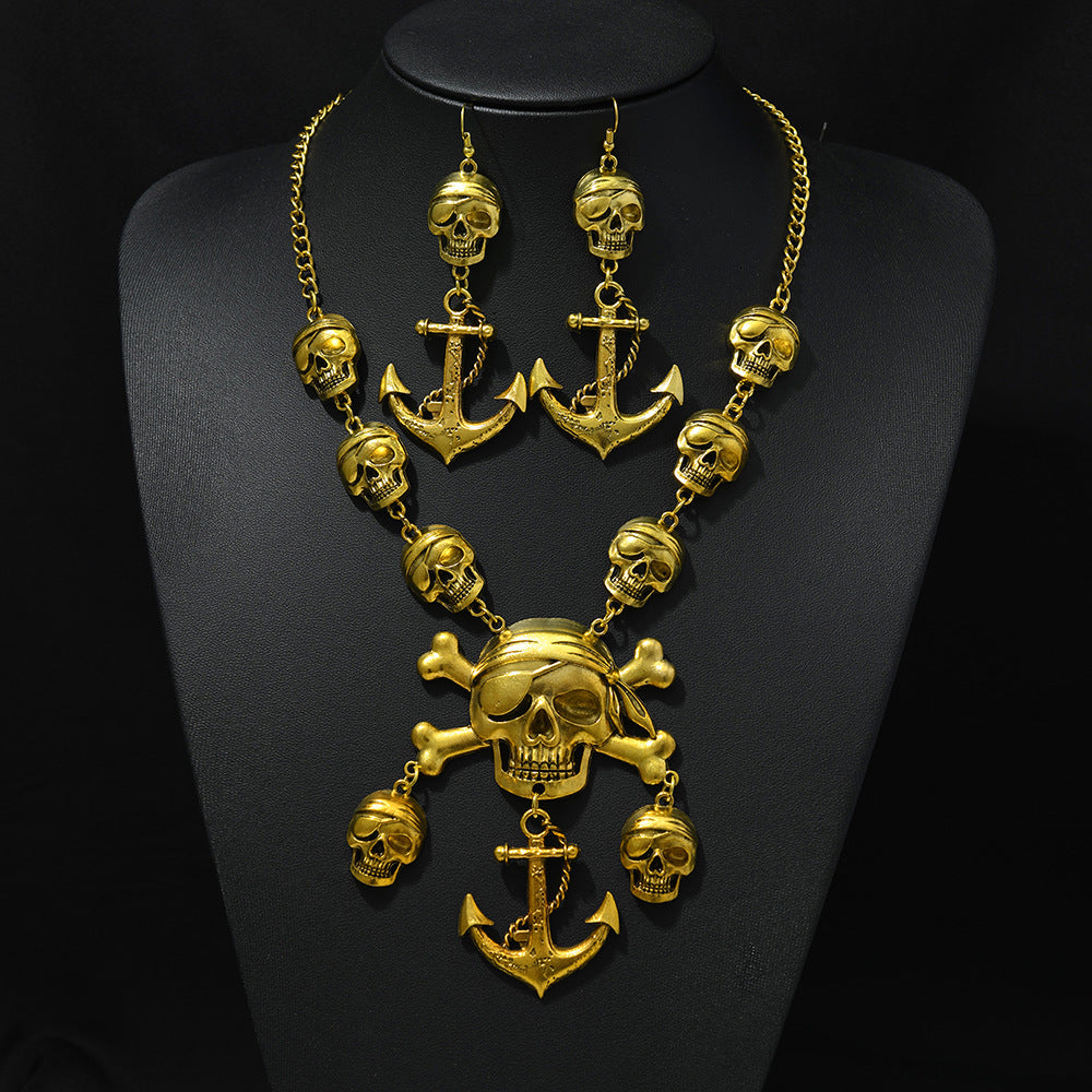 Wholesale Antique Gold Skull Punk Vintage  Jewelry Set Necklace Earrings Fashion Accessory