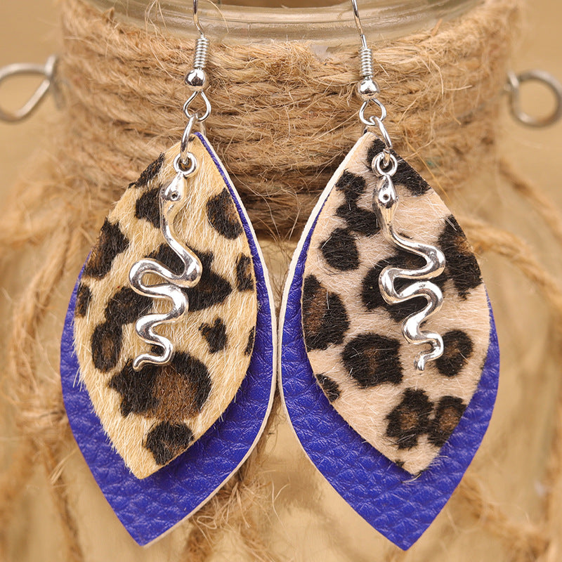 Wholesale Creative Leopard Print Retro Multi-Layered Water Drop Shape Snake Ladies Leather Earrings