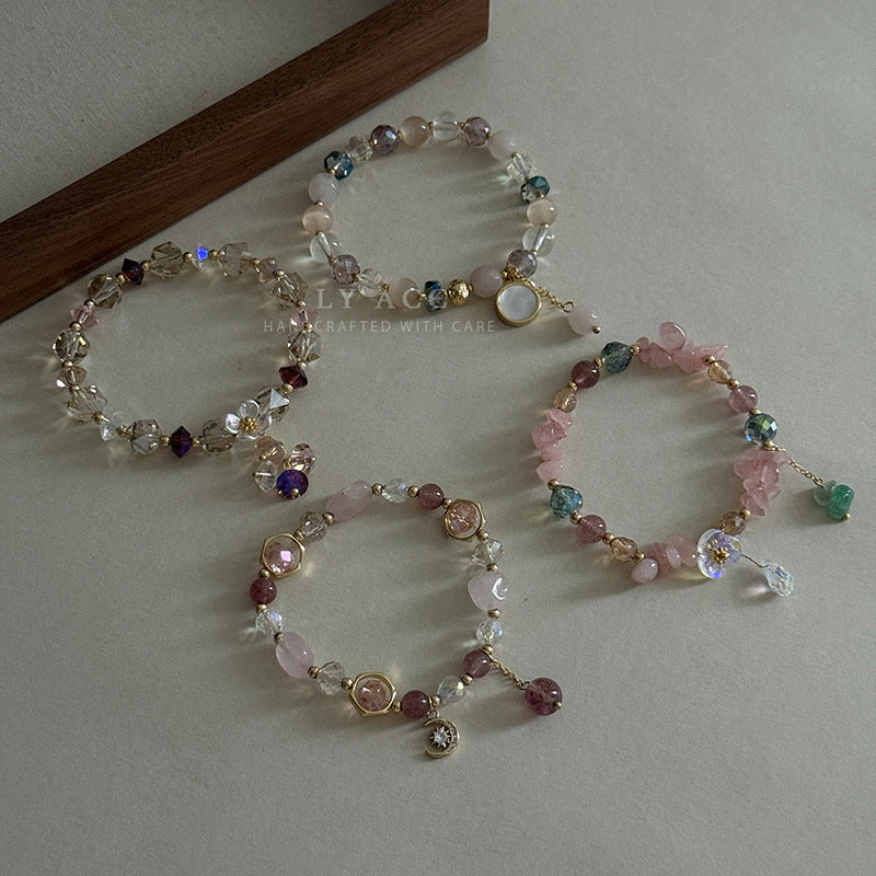 Wholesale Natural Pink Crystal Strawberry Crystal Beaded Bracelet Star Moon Pendant Adjustable Women S Fashion Jewelry