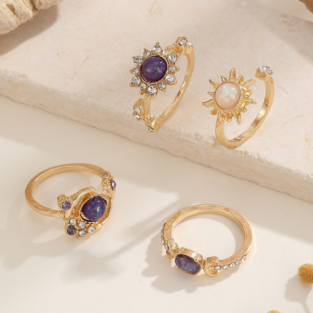 Wholesale Vintage Purple Gemstone Geometric Ring Set For Women Gold Tone Alloy 4 Pieces Chic Everyday Jewelry Accessory