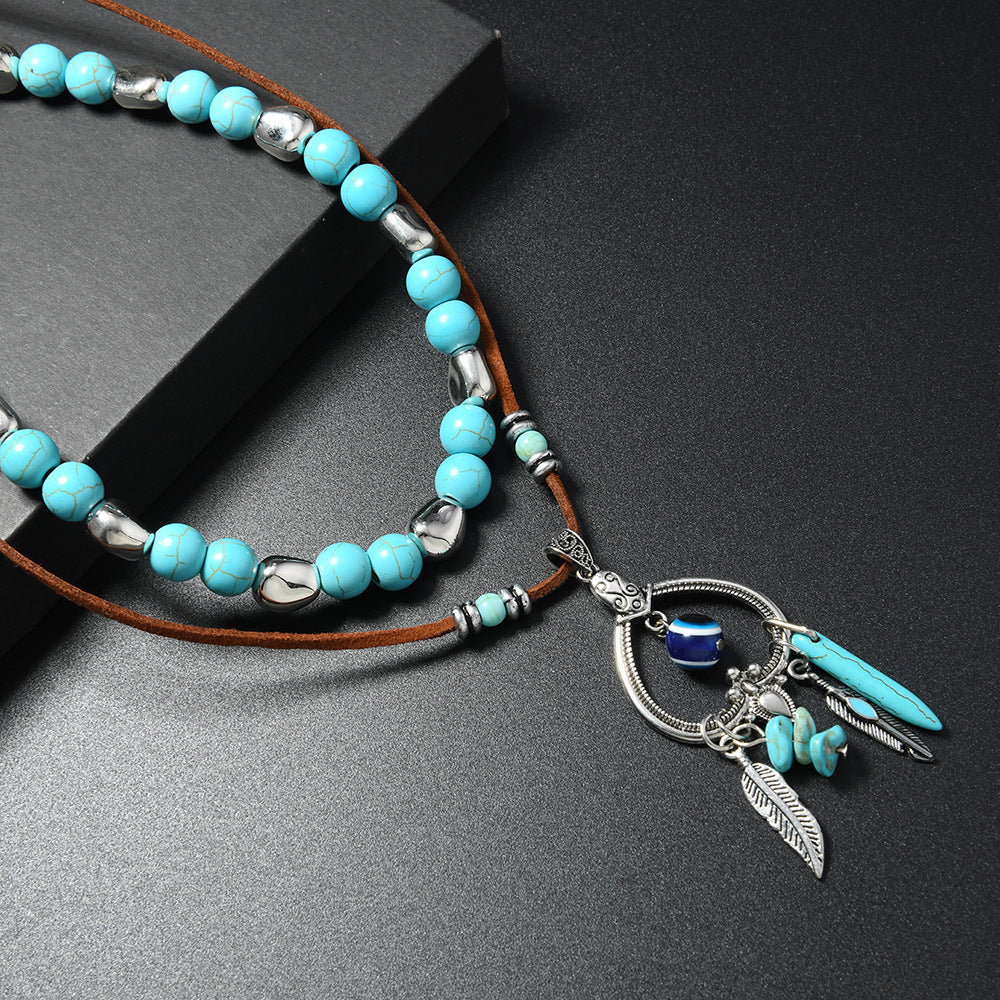 Wholesale Handmade Beaded Turquoise Necklace Bohemian Vintage Ethnic Double Layer Pendant Long Chain Jewelry Accessory 2 Piece Set