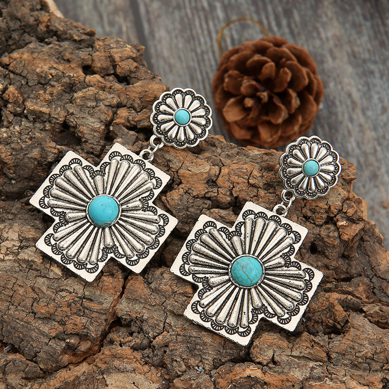 Wholesale Retro Western Turquoise Cross Earrings Alloy Electroplated Chic Jewelry Accessory Gift