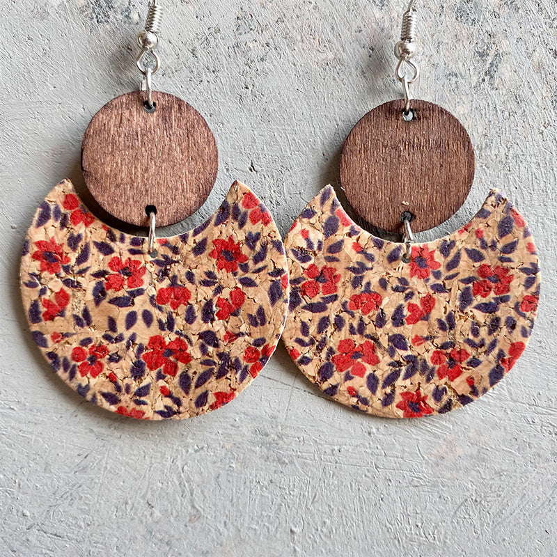 Wholesale Cork Printed Round Geometric Earrings Wood Leather Jewelry Gift