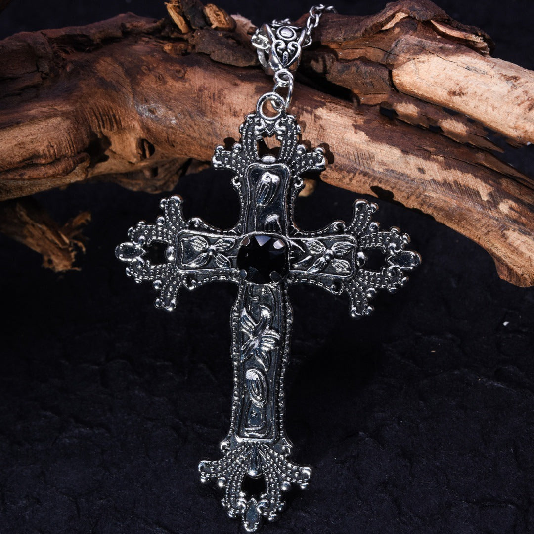 Wholesale  retro gothic punk style inlaid gemstone cross pendant necklace