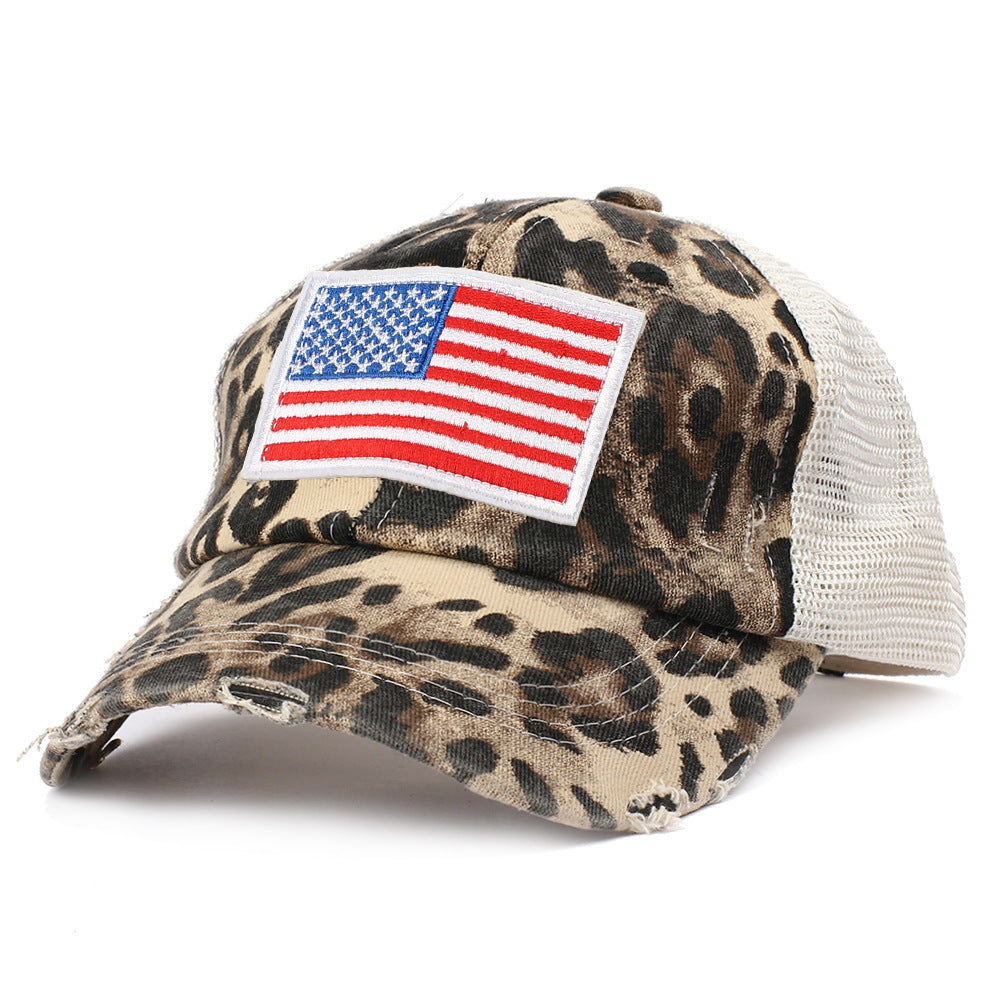 Wholesale Washed Ripped Mesh Cap Independence Day American Flag Embroidered Baseball Cap
