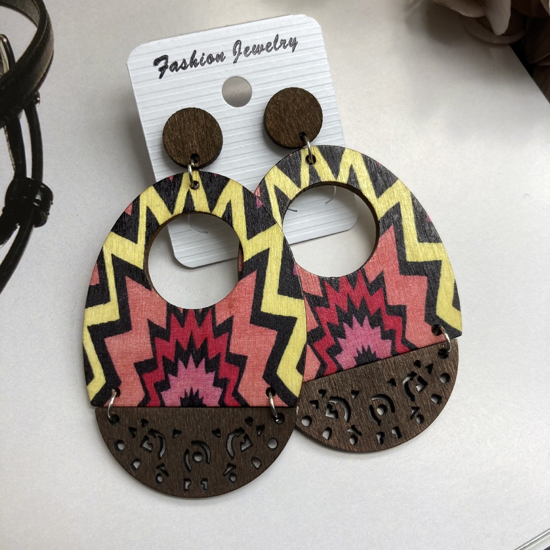 Wholesale Vintage Bohemian Oil Painting Series Wooden Hollow Long Earrings ACC-ES-FX022