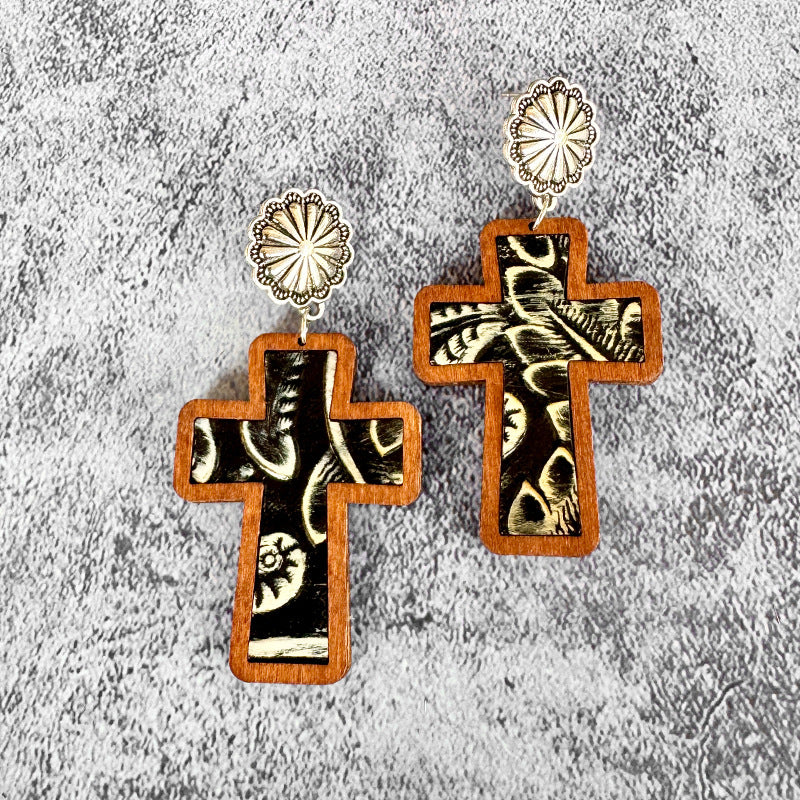 Wholesale Wooden and leather cross leopard print earrings