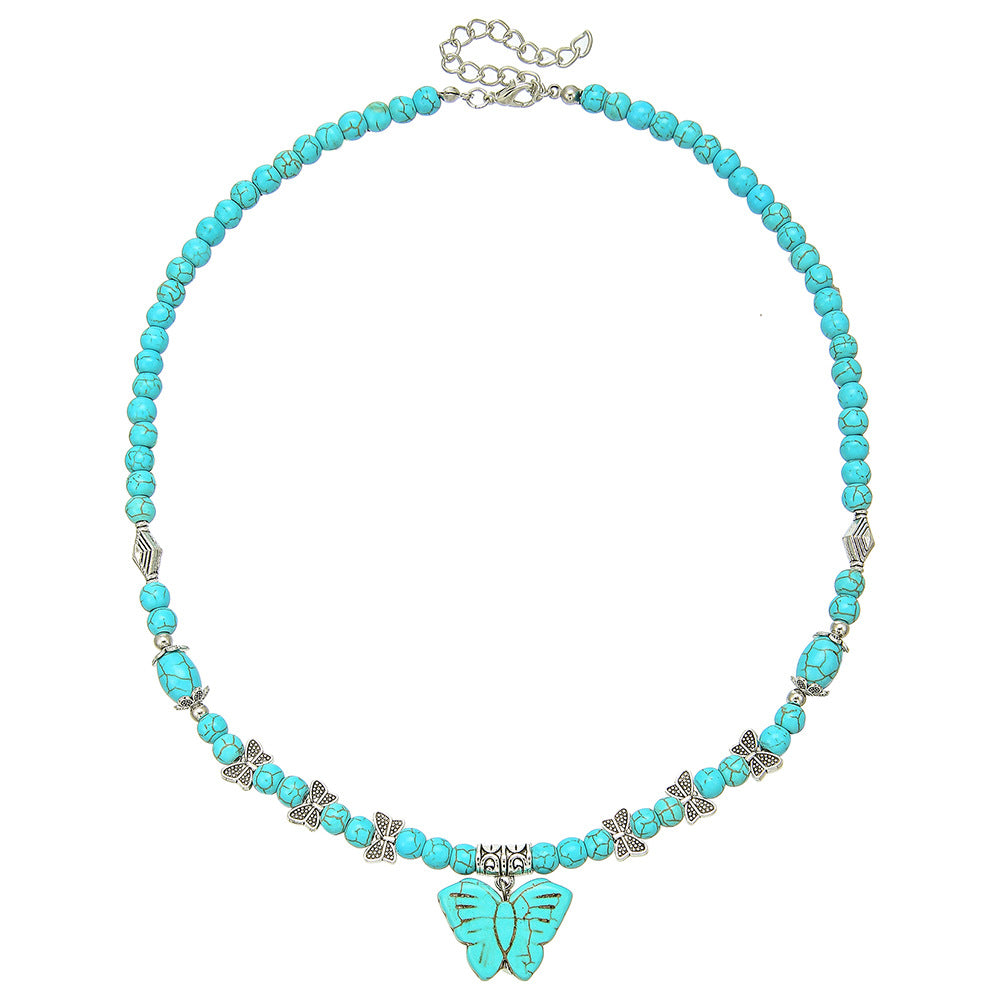 Wholesale Handmade Bohemian Turquoise Necklace with Butterfly Pearl Heart Pendant,  Fashion Jewelry Accessory