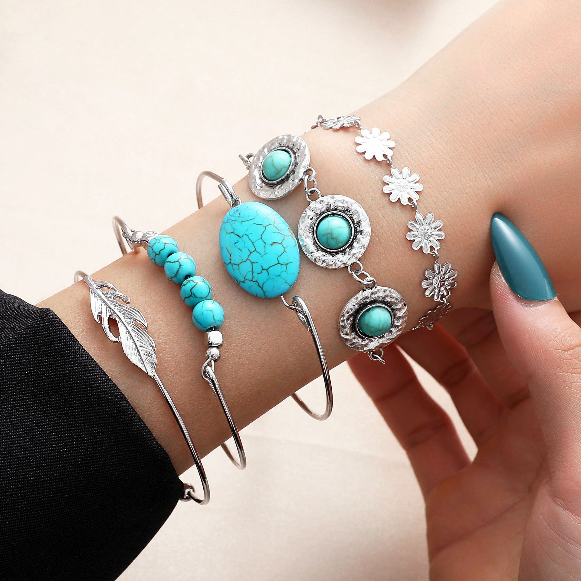 Wholesale Turquoise Feather Flower Bracelet Set - Ethnic Style 5-Piece Jewelry for Gift or Everyday Wear