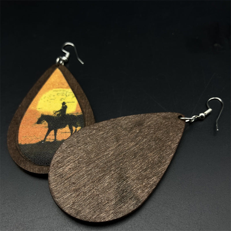 Wholesale Vintage Wood Oil Painting Style Water Drop Earrings ACC-ES-FX043