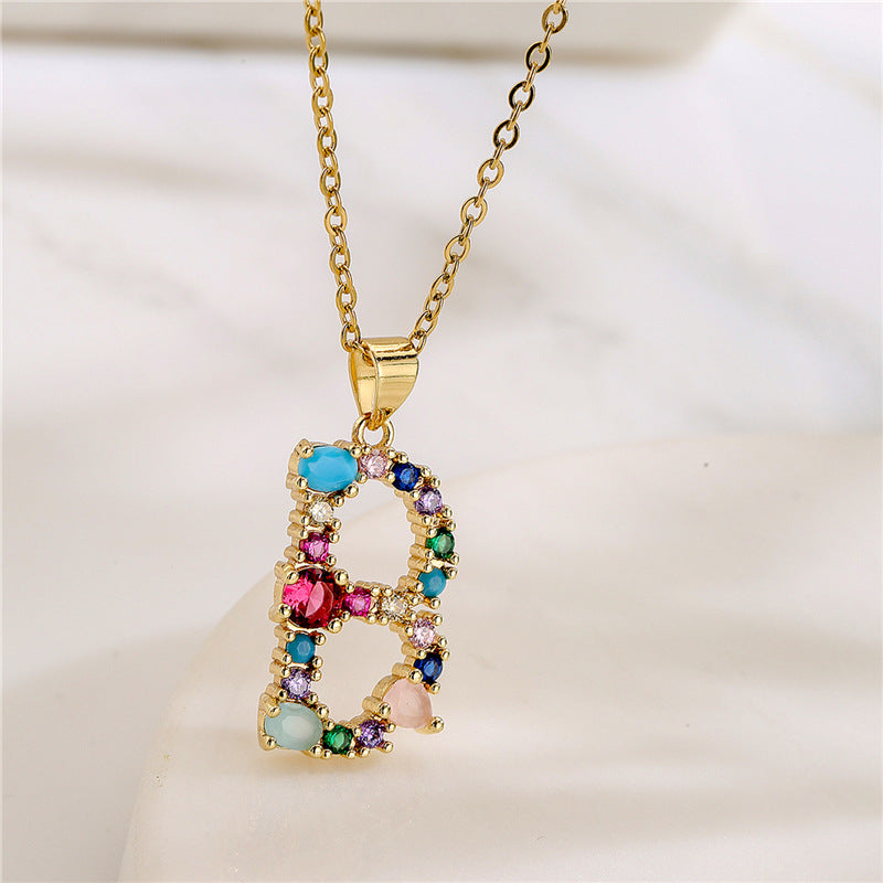 Wholesale 26 English Letters Mixed Color Gemstone Necklace ACC-NE-AoGu007
