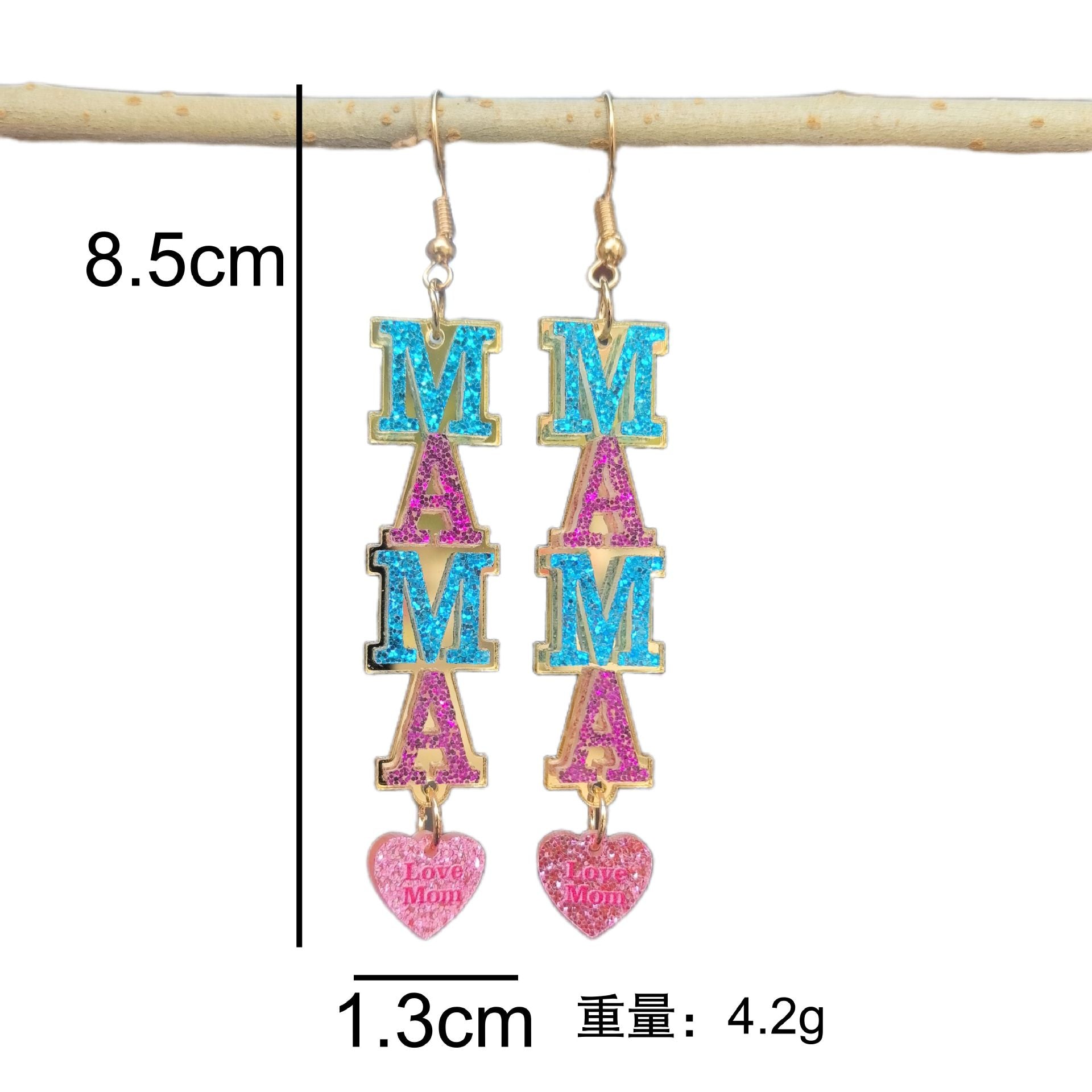 Wholesale New European and American style Mother' s Day patchwork acrylic MOM MAMA letter heart earrings - a perfect Mother' s Day gift.
