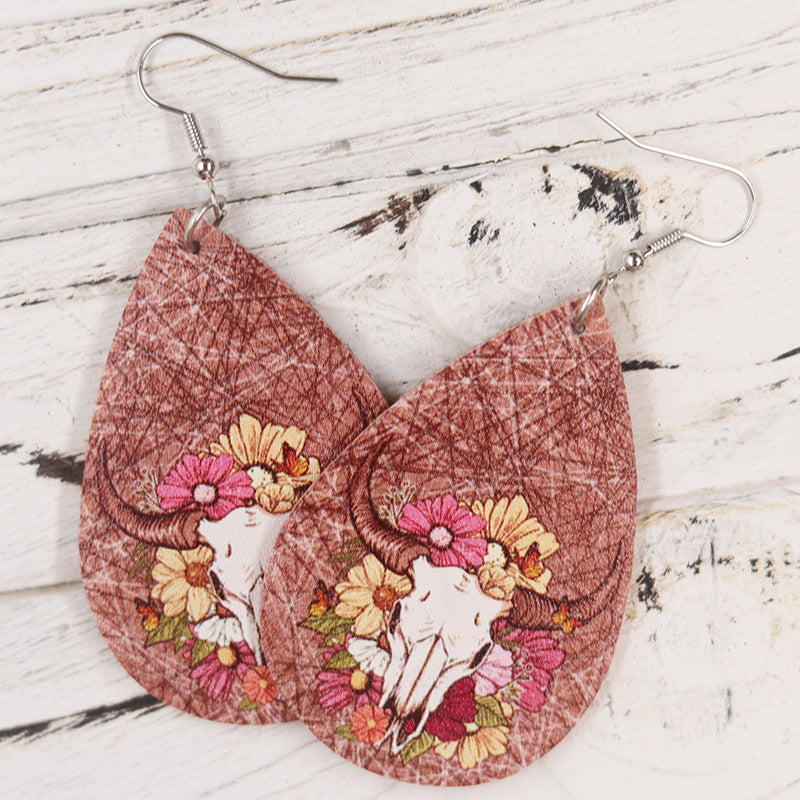 Wholesale Western Style Old Style Cow Head Flowers  Leather Earrings
