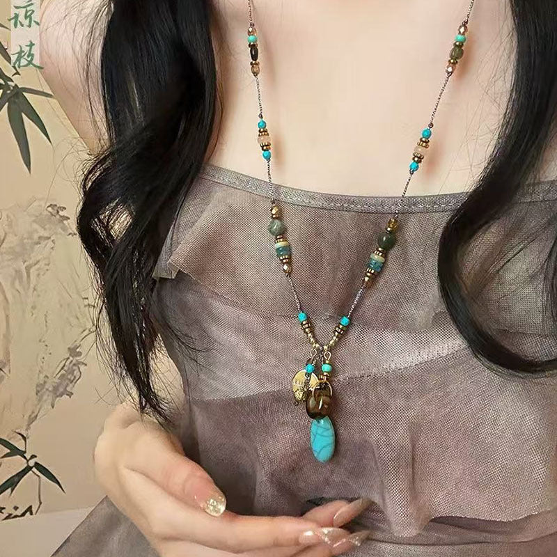 Wholesale Turquoise Beaded Pendant Necklace,  Vintage Chinese-Style Long Ethnic Sweater Chain,  Boutique Resale Jewelry