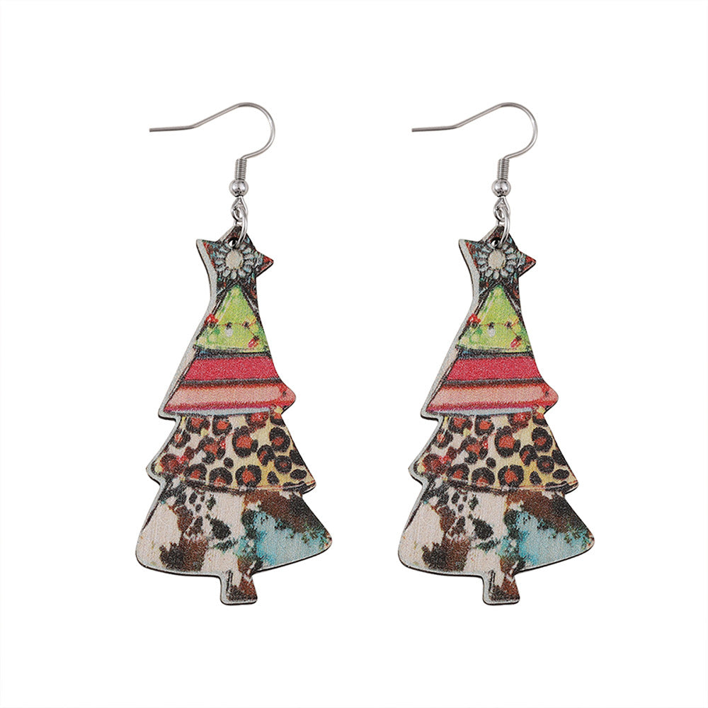 Wholesale Christmas leopard print Christmas tree pendant wooden double-sided earrings