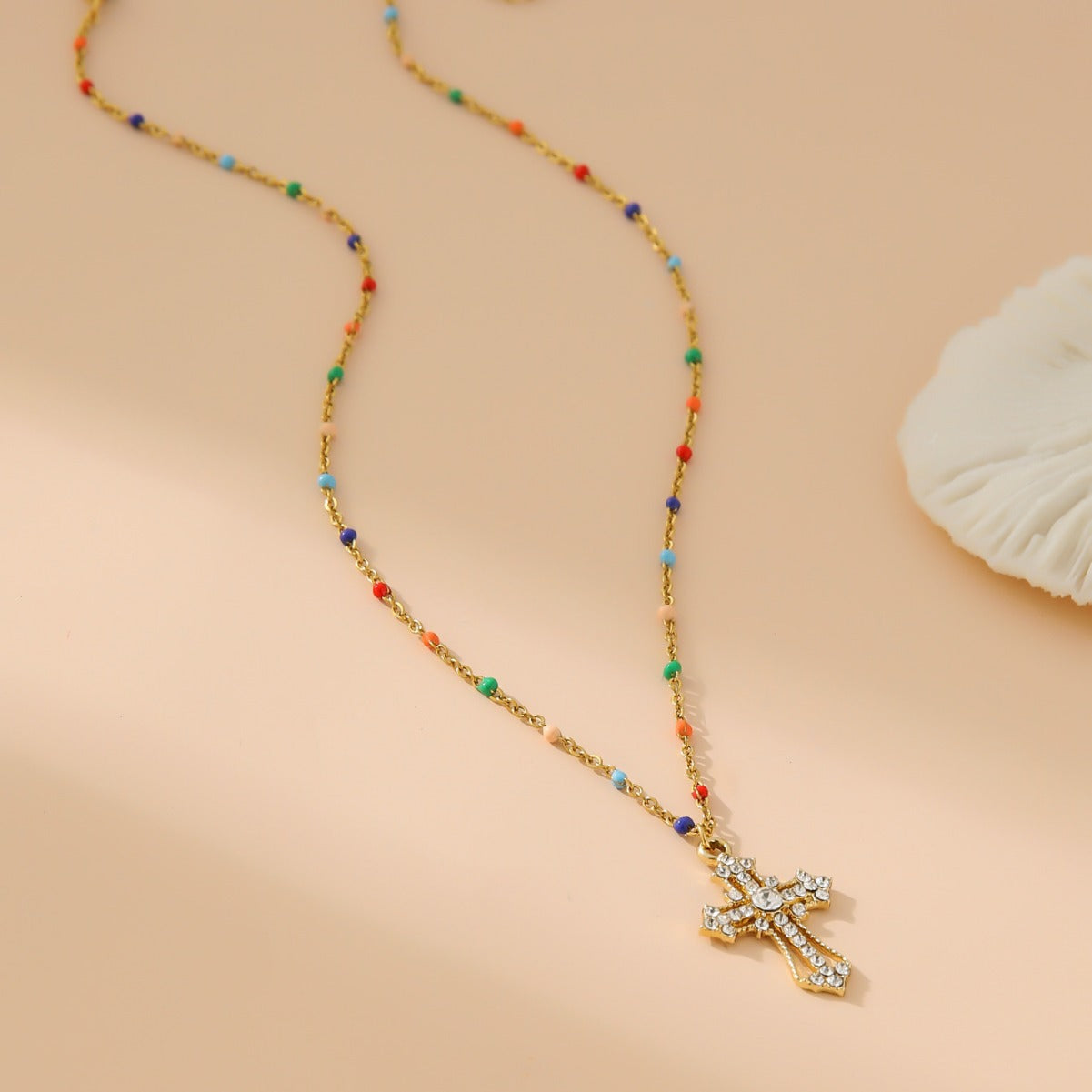 Wholesale  stainless steel mixed color bead chain diamond simple cross necklace