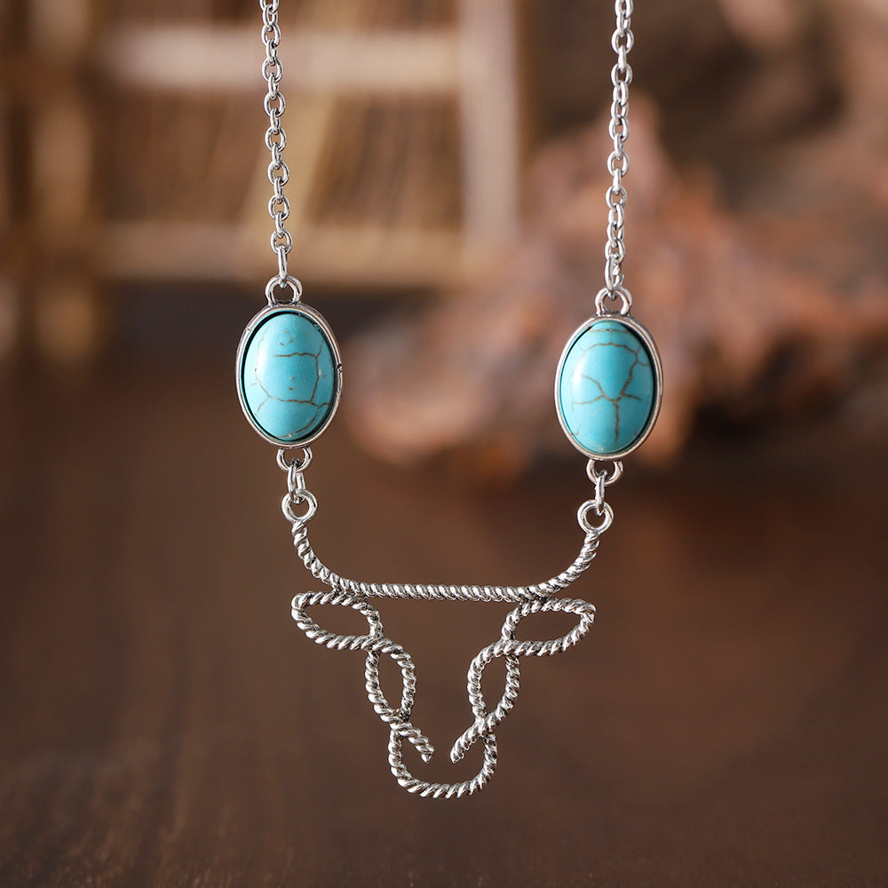 Wholesale Bohemian Cow Head Turquoise Inlay Necklace Fashion Accessory Gift