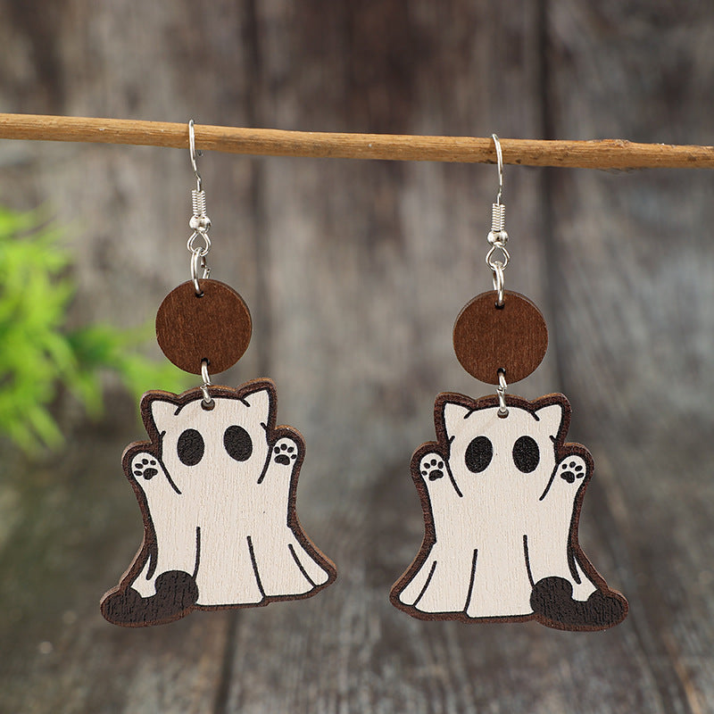 Wholesale  Ghost Cat Wooden Quirky and Cute Earrings