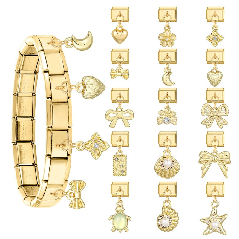 Wholesale Gold Electroplated Stainless Steel DIY Bracelet Pendant Set with Bowknot Heart Starfish Pearl Jewelry Accessory
