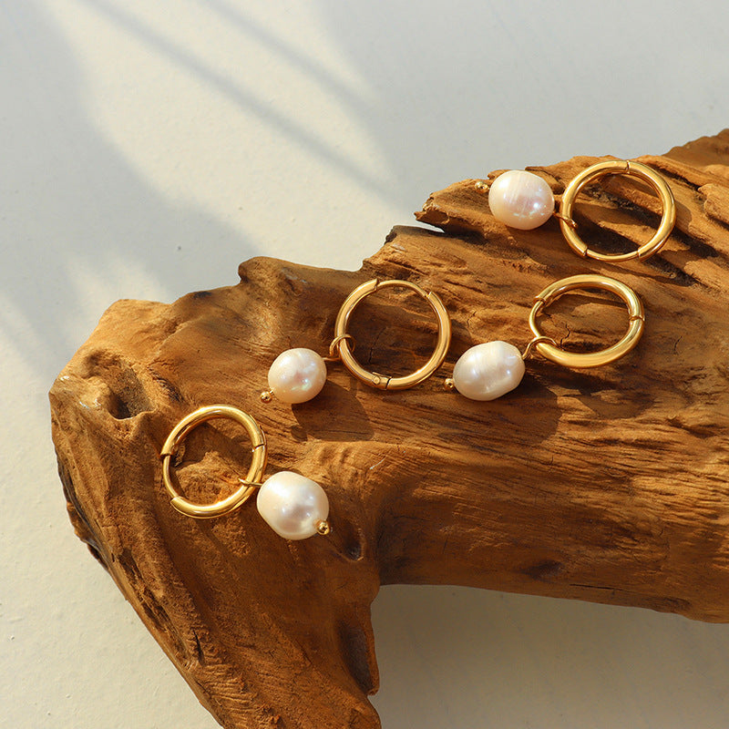 Wholesale French Vintage Freshwater Pearl Hoop Earrings Titanium Steel Gold Plated Jewelry Accessory
