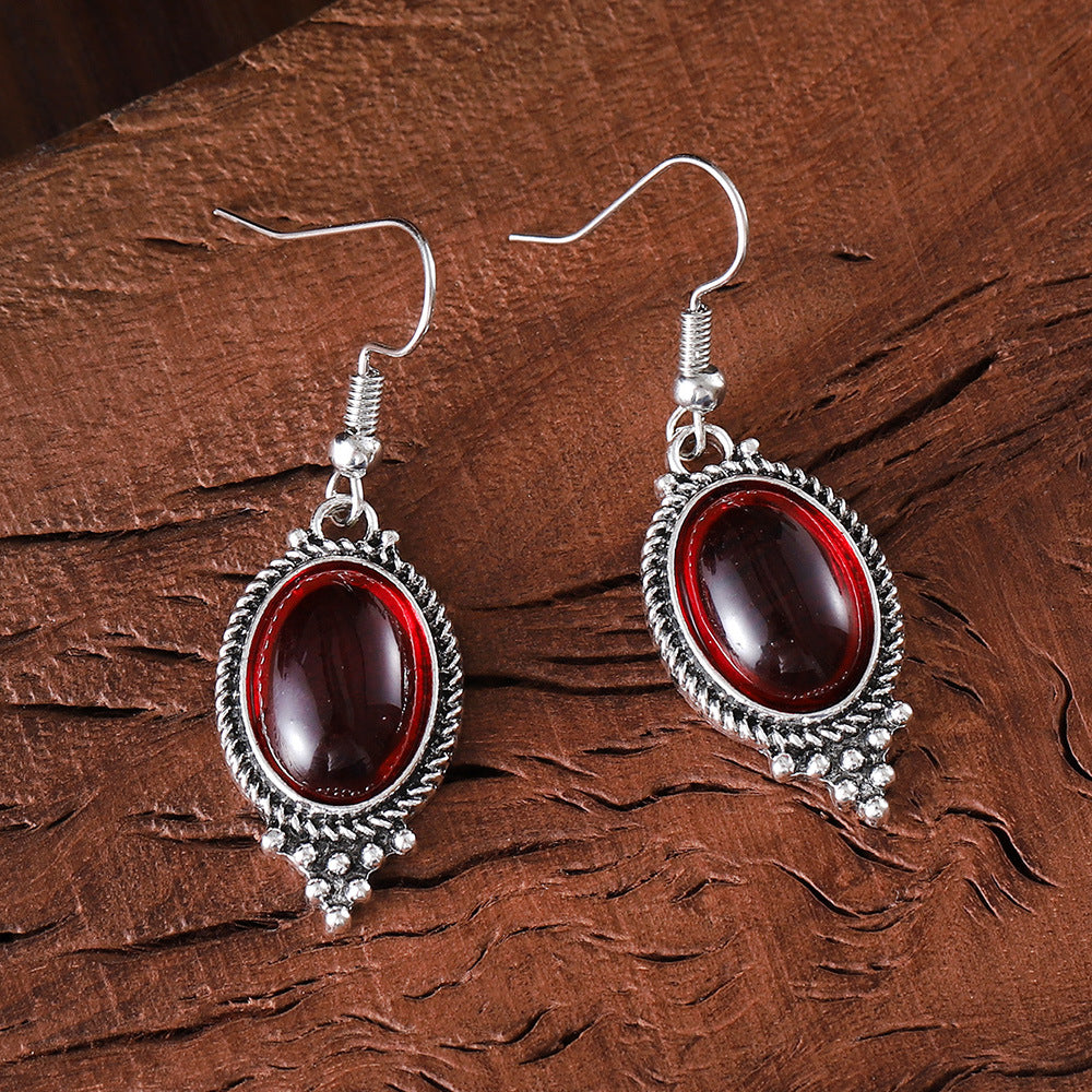 Wholesale Vintage Exquisite Embossed Ruby Oval Glass Pendant Earrings Necklace suit