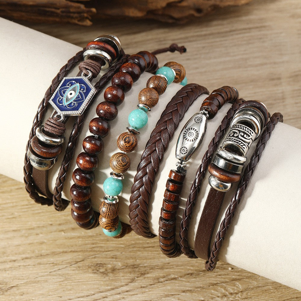 Wholesale Vintage wooden bead bracelet with evil eye design, elastic rope bracelet set