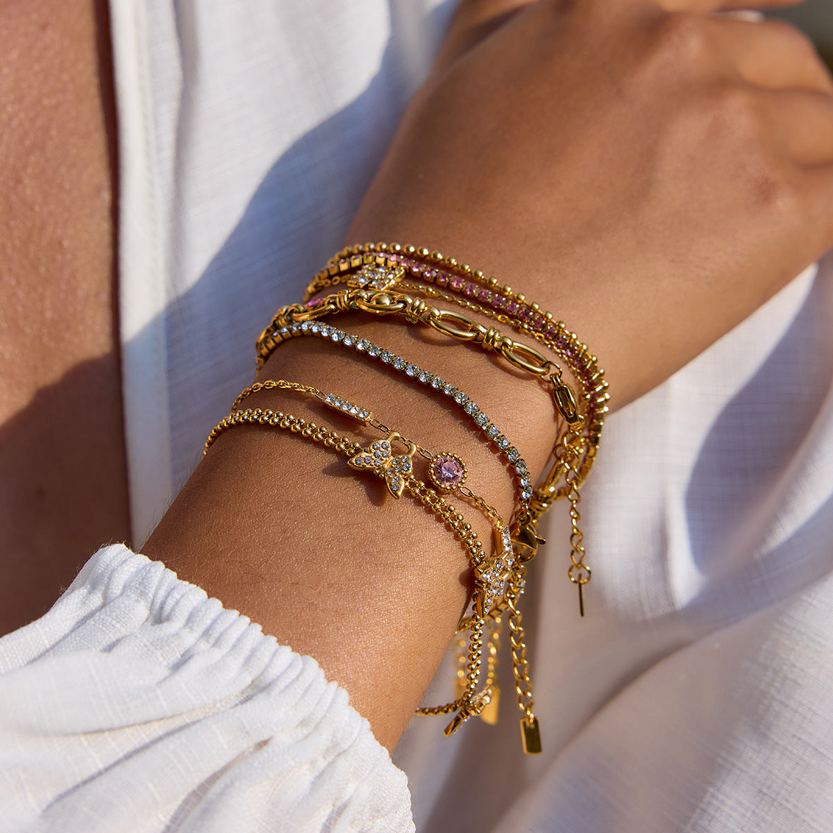 Wholesale  18K Gold Stainless Steel Bracelet Round Pink Zirconium Round Bracelet