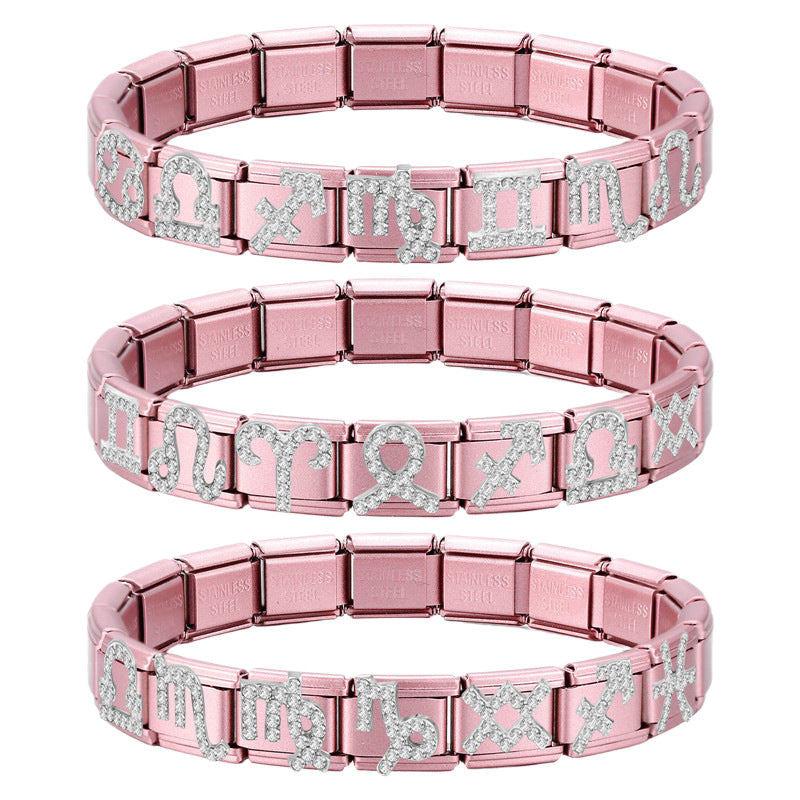 Wholesale Trendy Pink Zodiac Pisces Bracelet Charm Stainless Steel Crystal DIY Jewelry Accessory For Party Gift