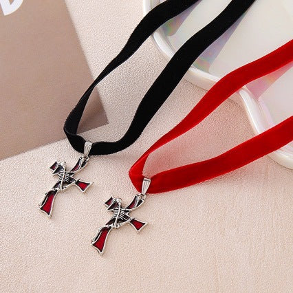 Wholesale Alloy Red Gothic Cross Skull Pendant Necklace Boutique Resale Jewelry Accessory