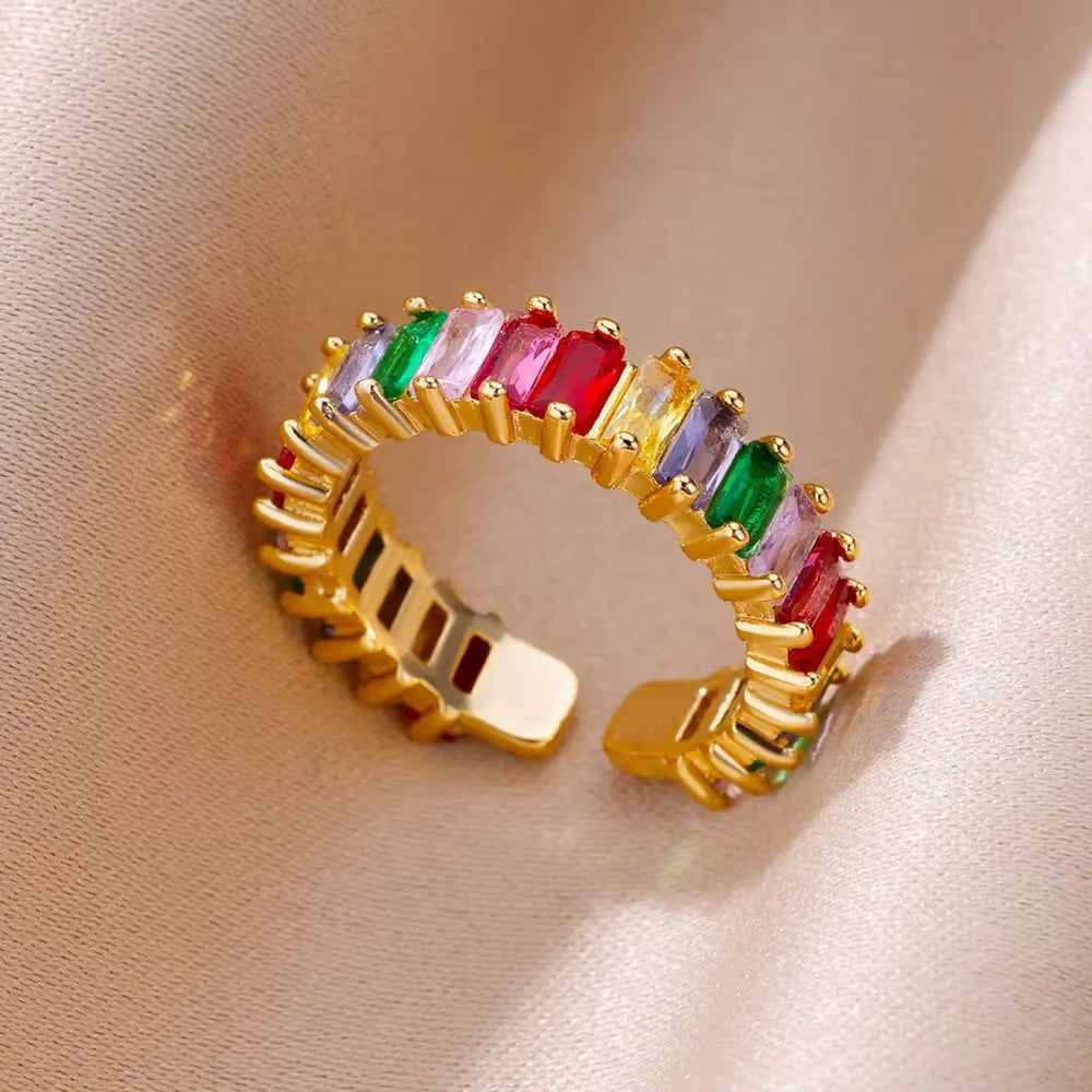 Wholesale Cross-border Light Luxury Retro Style Green Zircon Open Ring 18K Gold Plated Emerald High-grade Finger Ring Jewelry