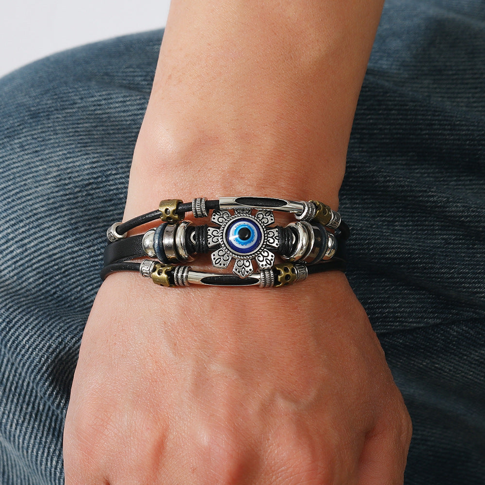Wholesale Stylish Men S Evil Eye Leather Bracelet Titanium Steel Buckle Fashion Jewelry Accessory